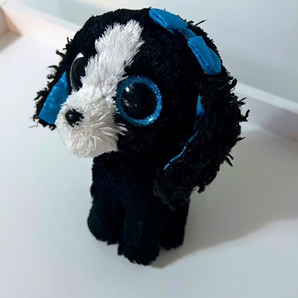 Ty Beanie Boo - Tracy The Dog 6” No Tag Curly Fur Blue Bow - Picture 5 of 8